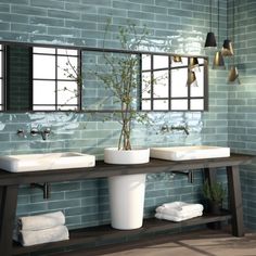 a bathroom with two sinks, mirrors and green tiles on the wall above them is a plant in a white vase