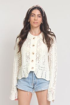 Pointelle knit cardigan Hygge Fashion, Pointelle Knit, Button Front Cardigan, Boho Fall, White Cardigan, Scalloped Edges, Sweater Pattern, Knit Sweater Cardigan, Knitting Designs