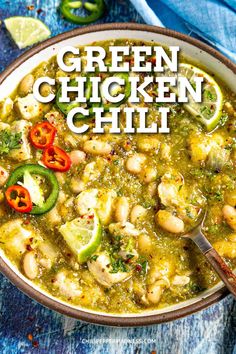 a bowl filled with green chicken chili