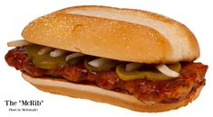 a sandwich with meat, onions and peppers is shown on a white background for an advertisement