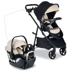 the stroller and infant car seat are both in black, beige and white colors