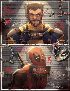 deadpool and wolverine are depicted in two separate panels, one is holding a sign