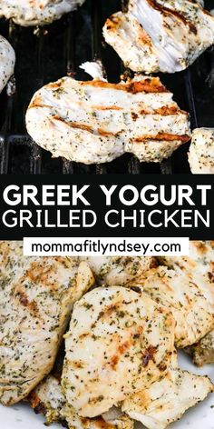 grilled chicken on the grill with text overlay that reads greek yogurt grilled chicken