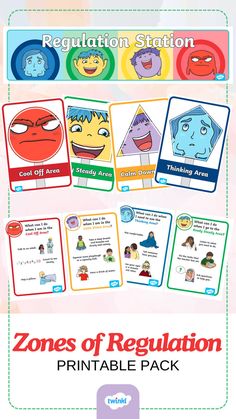 Image shows the contents of the Zones of Regulation Printables Pack. Regulation Station, Zones Of Regulation, Useful Information, Breath In Breath Out, What Can I Do, School Counseling, Display Stand, Counseling