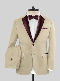 Experience pinnacle style in your wardrobe with our debonair Napolean Stretch Beige Wool Tuxedo Suit that will make a major statement in your updated collection. Crafted from a wool-lycra fabric blend, our suit guarantees prime sophistication in your tailored look that will significantly influence your style with its sleek texture. Plus, the beige hue will give your enviable allure a real challenge to be in the limelight. So if you want to make a dazzling entrance for the day, then our suave add Designer Single Button Fitted Suit, Designer Fitted Single Button Suit, Fitted Beige Suit For Formal Occasions, Beige Fitted Suit For Formal Occasions, Designer Fitted Single Breasted Tuxedo, Fitted Single Button Silk Suit, Designer Fitted Tuxedo With Suit Collar, Fitted Luxury Beige Suit, Luxury Fitted Beige Suit