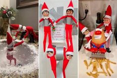 three pictures of elfs in the kitchen, one is washing his hands while the other two are eating french fries