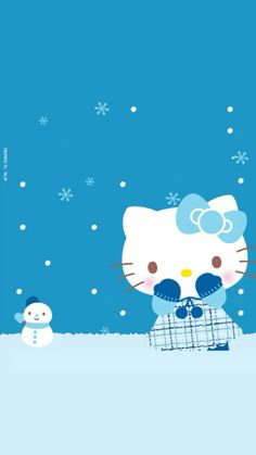 an image of hello kitty and snowman in the snow with blue sky behind them