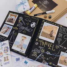 an open travel book with pictures and stickers on the cover, next to other items