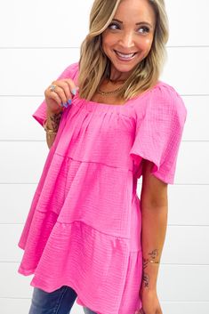 Hello summer with this super cute bright pink top with bubble sleeve & flowy tiered body! Perfect pop of color, also great for summer vacation! 100% Cotton Small - 2/4 Medium - 6/8 Large - 10/12 Textured Blouse, Tiered Blouse, Flowy Design, Formal Cocktail Dress, Bubble Sleeve, Flowy Blouse, Spring Outfits Women, Flounce Sleeve, Summer Fabrics