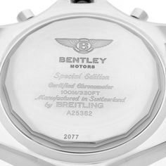 Breitling Bentley Motors Chronograph Steel Mens Watch A25362 Box Papers. Automatic self-winding officially certified chronometer movement. Chronograph function. Stainless steel case 49 mm in diameter. Stainless steel screwed-down crown and pushers. Screw down caseback. Stainless steel bidirectional rotating bezel. Scratch resistant sapphire crystal. Black dial. Luminescent stainless steel outlined hands. Date calendar window between 4 and 5. Stainless steel bracelet with flip lock deployant clas Luxury Chronometer Watch For Collectors, White Gold Tachymeter Watch For Anniversary, White Gold Watch With Tachymeter For Anniversary, Breitling Bentley, Bentley Motors, Date Calendar, Steel Bracelet, Sapphire Crystal, Bentley