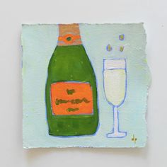 a painting of a bottle of wine next to a glass