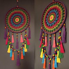 two colorful wall hangings with tassels and beads