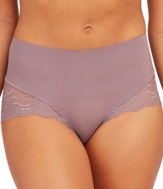 From Spanx&#x2C; this panty features:non-show lace fabrication elastic-free edgescomfortable smoothing at the bonded waistbandbody & lace of nylon/spandex; gusset of cottonmachine washImported. Fitted Full Coverage Bottoms With Lace Trim, Fitted Lace Trim Full Coverage Bottoms, Fitted Lace Trim Bottoms With Full Coverage, Fitted Bottoms With Lace Trim And Full Coverage, Stretch Lace Shapewear With Lace Trim, Shaping Brief Bottoms With Lace Trim, Seamless Full Coverage Lace Bottoms, Full Coverage Lace Shapewear Bottoms, Shaping Shapewear With Lace Trim And Full Coverage