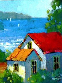 an oil painting of a house by the ocean with trees and water in the background