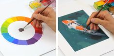 two pictures of someone painting a koi fish with color pencils and watercolor paints