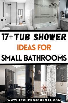 bathroom with black and white tile, tub shower ideas for small bathrooms