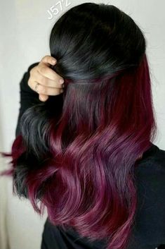 Bright Red Underneath Hair, Black Hair With Burgundy Underneath, Peekaboo Dark Hair, Red Hidden Hair Color, Dark Red Hair Inspo Color, Dark Hair Color Ideas For Summer, Dark Red Peekaboo Hair, Burgundy Peekaboo Hair, Red Hair Underneath