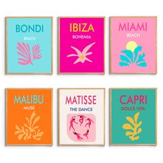 six colorful posters with the names of different countries in each one, including brazil, miami, marlbu, and ibiza