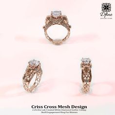 three different types of engagement rings on a white background with the words criss cross mesh design