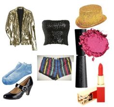 some clothes and accessories are arranged on a white background, including a hat, shoes, sunglasses, lipstick, handbag