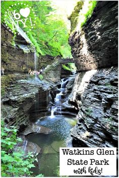 a waterfall in the woods with text overlaying it that reads, walking glen state park with kids