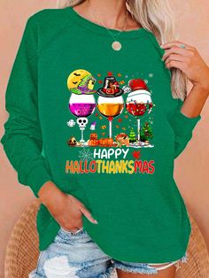 Women Happy Hallothanksmas Wine Print Sweatshirt Green Tops For Fall Holiday, Green Holiday Sweatshirt For Fall, Green Fall Holiday Sweatshirt, Holiday Letter Print T-shirt For Fall, Happy Hallothanksmas, Wine Print, Cheap Clothing, Women Hoodies, Halloween Hoodie