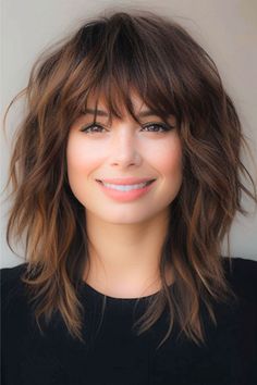 Mid-Length Soft Shag With Bangs. Fringe Bangs Medium Hair, Medium Length Haircut For Thick Hair With Layers Bangs, Volume Haircuts For Fine Hair, Medium Hair Cuts For Women With Bangs, Choppy Lob With Bangs, Shag Haircut Medium Length, Shag Lob Haircut, Mommy Haircut, Soft Layered Hair