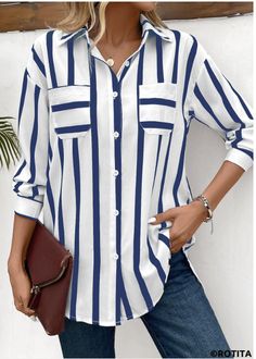 The Button Striped Blue Long Sleeve Shirt, priced at $32.98, is the perfect mix of classic and trendy style. Featuring a timeless blue and white stripe pattern, this long sleeve shirt is designed with a button-down front for a polished look. Made from soft, breathable fabric, it's ideal for both casual and formal settings. Pair it with trousers for the office or jeans for a relaxed weekend look. Versatile and chic, this striped shirt is a wardrobe essential for any season. Casual Weekend Outfit, Trendy Tops For Women, Blue Striped Shirt, Blue Long Sleeve Shirt, Striped Long Sleeve Shirt, Weekend Outfit, Collar Blouse, Blue Long Sleeve, Modern Outfits