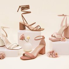 three different types of high heeled shoes with flowers on the bottom and one in front