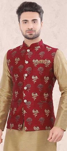 Red and Maroon color Modi Jacket in Brocade fabric with Weaving work Luxury Traditional Red Nehru Jacket, Luxury Red Nehru Jacket For Ceremonial Occasions, Maroon Dress, Brocade Fabric, Maroon Color, Super Sale, Weaving, Red, Fabric