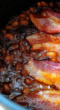 bacon and beans cooking in a slow cooker