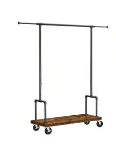 a wooden shelf with two metal bars on it and wheels attached to the top, against a white background