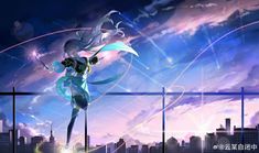 an anime character is flying through the air with her arms outstretched in front of cityscape