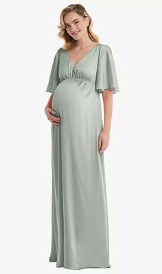 Flutter Bell Sleeve Empire Maternity Bridesmaid Dress In Willow Green | The Dessy Group Elegant Flowy Maternity Dress With Empire Waist, Elegant Green Maternity Wedding Dress, Elegant Solid Maternity Dress, Elegant Green Maternity Dress, Elegant Green Maternity Maxi Dress, Satin Maternity Dress, Maternity Bridesmaid Dress, Maternity Bridesmaid Dresses, Willow Green