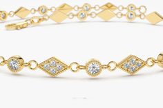 "Diamond Bracelet / 14k Art Deco Diamond Bracelet / 14k Gold Dainty Bracelet with Milgrain / 14k Yellow Gold Diamond Stackable Bracelet Features ✔Made to Order ✔Gold Kt: 14K (also available in 18K) ✔Available Gold Color: Rose Gold, Yellow Gold, White Gold ✔Round Diamond: 12 pcs 1.5MM ✔Round Diamond: 48 pcs 1.0MM ✔Total CTW: 0.55 ✔ Diamond Color-Clarity: G Color SI Clarity ✔Ready to Ship in 7-10 Business Days If you have any additional questions about this ring, just hit the \"Ask a Question\" bu Heirloom Yellow Gold Round Diamond Bracelet, Heirloom Yellow Gold Bracelet With Diamond Accents, Floating Diamond Necklace, Dainty Bracelet, Ask A Question, Stackable Bracelets, Dainty Bracelets, Art Deco Diamond, Diamond Fashion