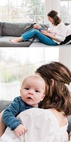 a woman sitting on top of a couch with a baby in her lap and another woman holding