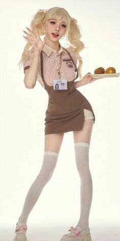 a woman holding a tray with donuts on it's sides and wearing tights