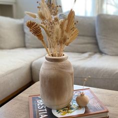 a vase filled with dried plants sitting on top of a table next to a book