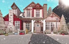 a large red and white house with snow falling on it's roof, surrounded by christmas trees