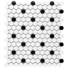 a white and black mosaic tile with dots on the bottom, in an irregular pattern