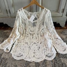 "The Twin Falls Crochet Cotton Lace Long Sleeve Blouse by Lavender Tribe Design.  We are obsessed with this Darling Lace Blouse. This pretty blouse features a soft white semi-sheer cotton base, a soft scoop neck, crochet lace details and feminine fit. + Well made + Soft Cotton Blend + Long Sleeves + Scalloped Hem + True to Size  + Heather is 5'8\" tall / 140lbs and modeling a size Medium FREE SHIPPING FOR US CUSTOMERS! Ships fast from our studio in Washington State! Approx. Measurements: Small: Romantic Lace Blouse, Casual Lace Top, Boho Attire, Lace Outfits, Fashion Romantic, Clothing Tips, Clothes For Women Over 50, Clothing Studio, Lace Blouse Long Sleeve