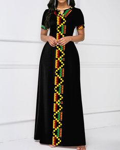 African Fashion Print Round Neck Long Sleeve Dress