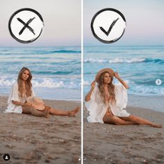 a woman sitting on top of a sandy beach next to the ocean with an x sign above her head