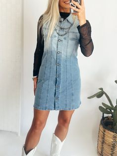 we're here to add more denim to your closet! This denim vest dress is amazing and a perfect transition piece! It has some beautiful western arrow details and concho buttons. You can style this with or without a mesh top under it. The best part is the denim does have stretch! It is running true to size. Madalynn is 5'7" wearing a size medium Small 2/4, M 6/8, L 10/12 Light Wash Denim Vest With Buttons, Dark Wash Button-up Denim Vest, Dark Wash Denim Dresses With Snap Buttons, Fall Light Wash Denim Dress With Buttons, Dark Wash Denim Dress With Snap Buttons, Fitted Button-up Medium Wash Denim Vest, Fitted Medium Wash Denim Vest Button-up, Fitted Medium Wash Denim Button-up Vest, Sleeveless Denim Dress In Denim Blue For Fall