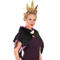 a woman in a purple dress with a crown on her head and black cape around her neck