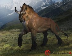 an artist's rendering of a horse running through the grass with mountains in the background