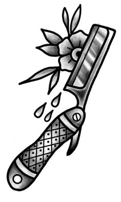 a black and white drawing of a knife with flowers on it