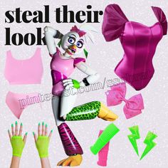 A pink background with a large white animation bird with 80s inspired attire, neon green and pink animal print leg warmers, a pink leotard, a pink bow, and green earrings (glamrock chica). Around the character are various clothing items and accessories inspired by what Chica is wearing. These items are written out in the pin description. Fnaf Earrings, Chica Fnaf Cosplay