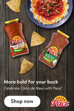 an advertisement with chips and salsa on the table