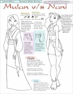 an image of the mulan vs nani character sheet for disney's moan